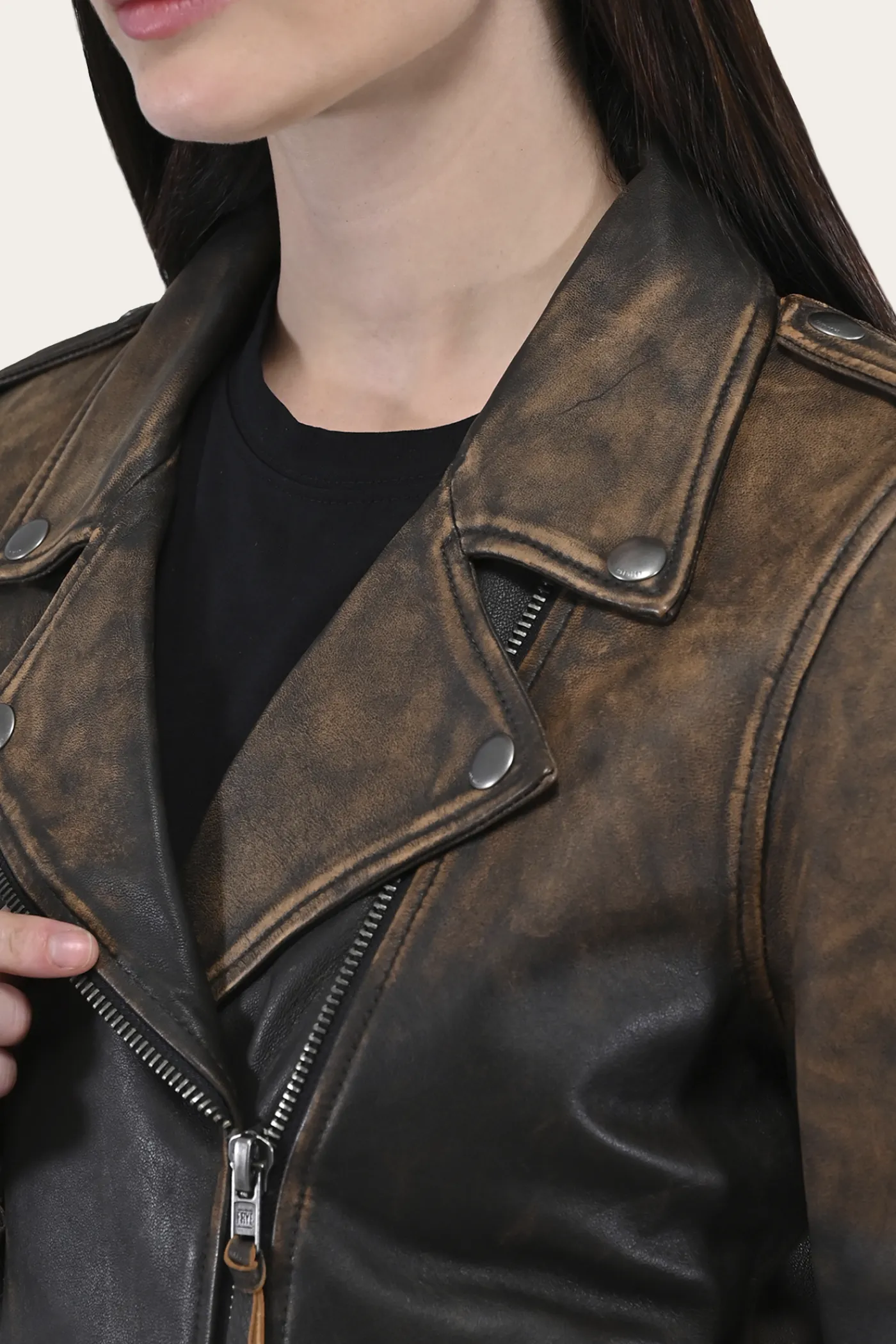 Clearance Frye Authentic Soft Lamb Crackle Leather Biker Jacket Brown