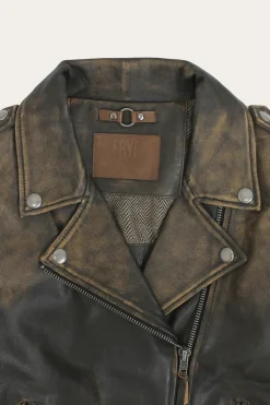 Clearance Frye Authentic Soft Lamb Crackle Leather Biker Jacket Brown