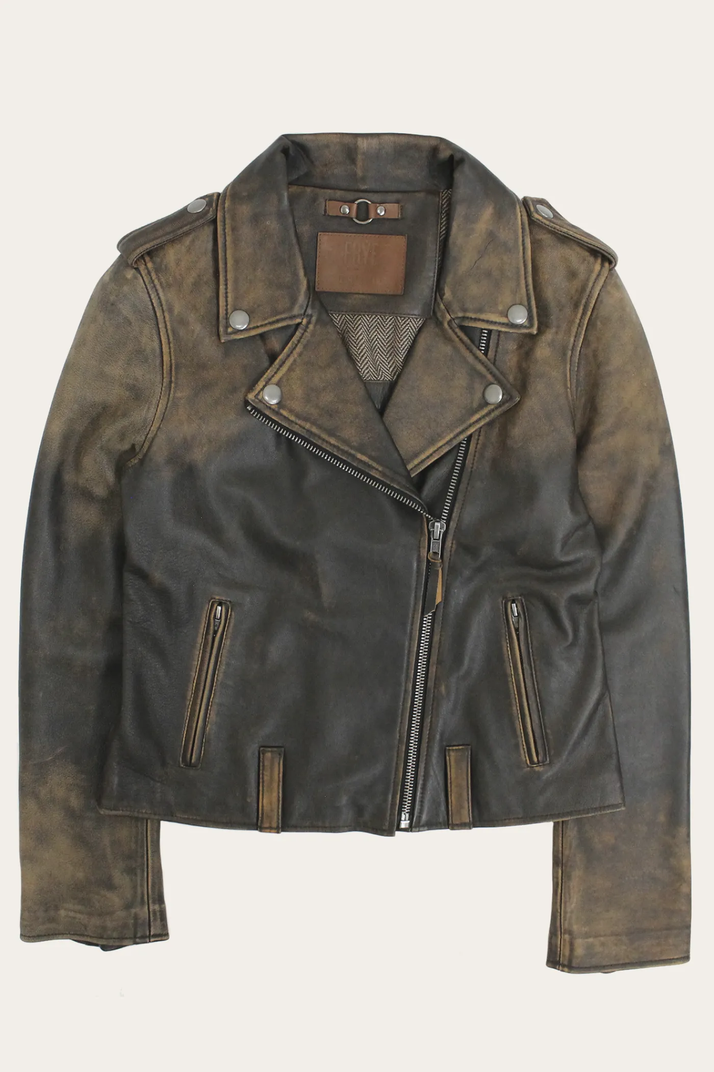 Clearance Frye Authentic Soft Lamb Crackle Leather Biker Jacket Brown