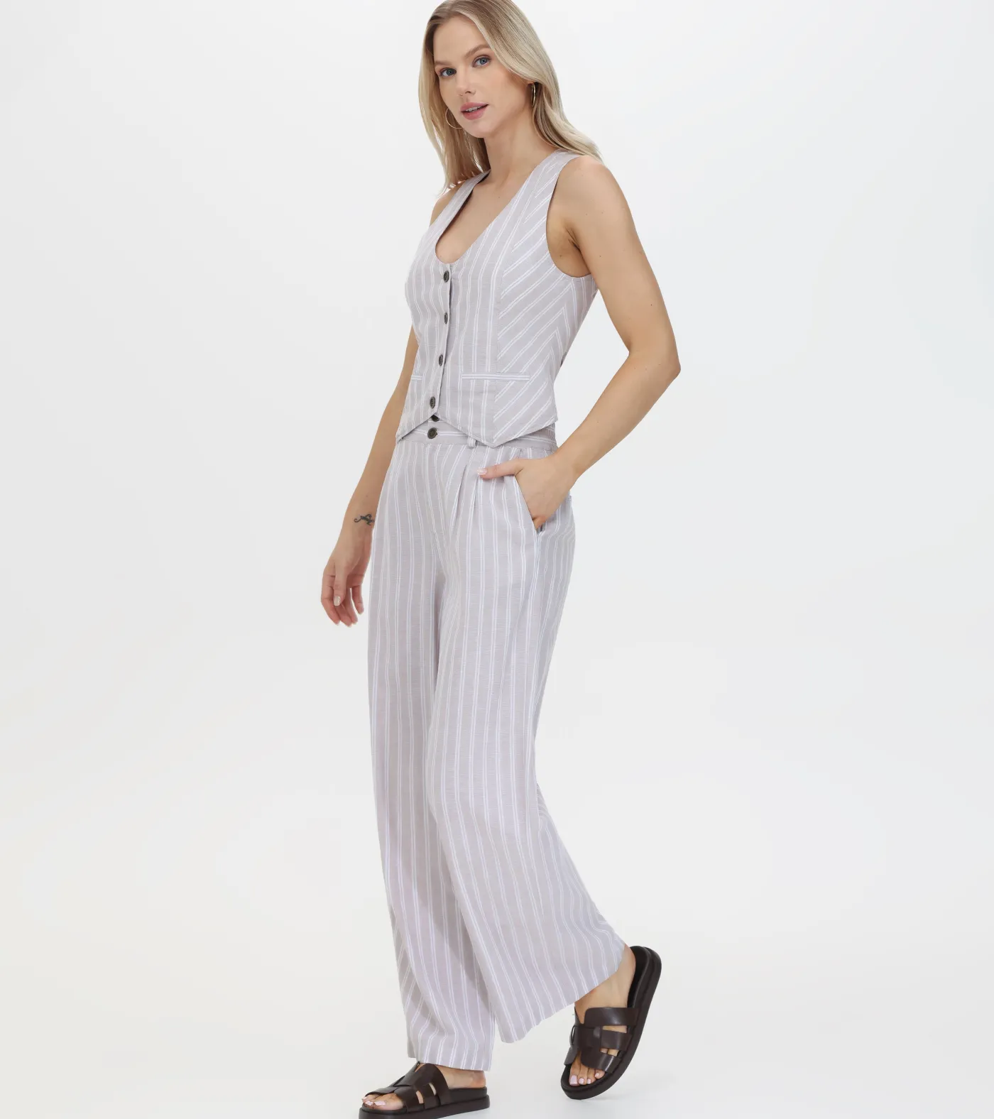 Online Frye Linen Striped Button Vest Natural Sand Stripe