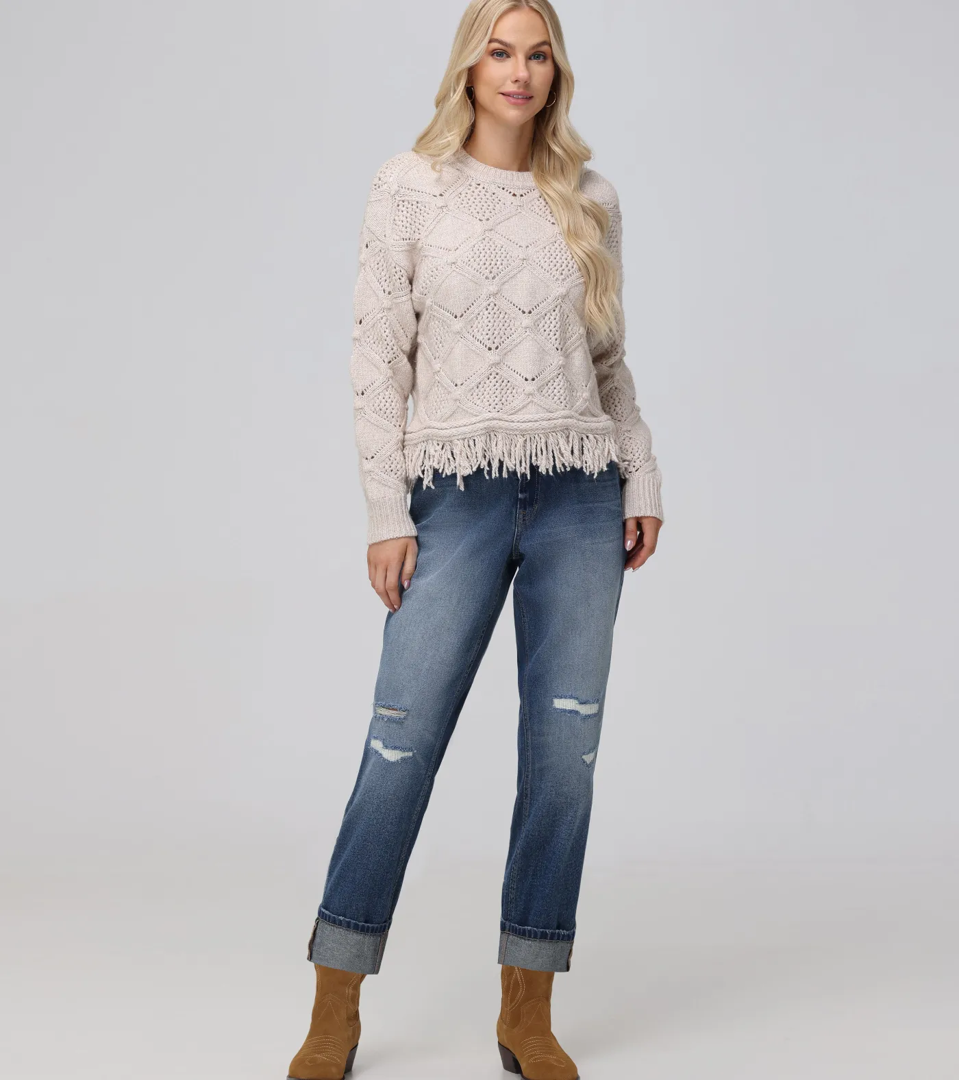 Best Frye Pointelle Fringe Pullover Oatmeal Heather