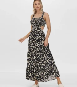 New Frye Smocked Cut Out Maxi Dress Black Beauty Combo