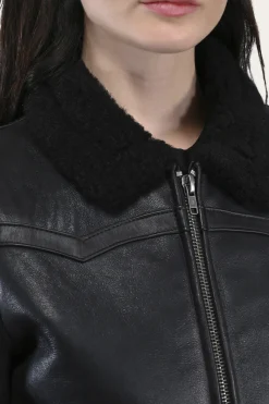 Discount Frye Women's Leather Jacket With Sherling Collar And Cuffs Black