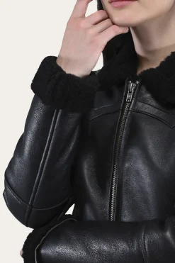 Discount Frye Women's Leather Jacket With Sherling Collar And Cuffs Black
